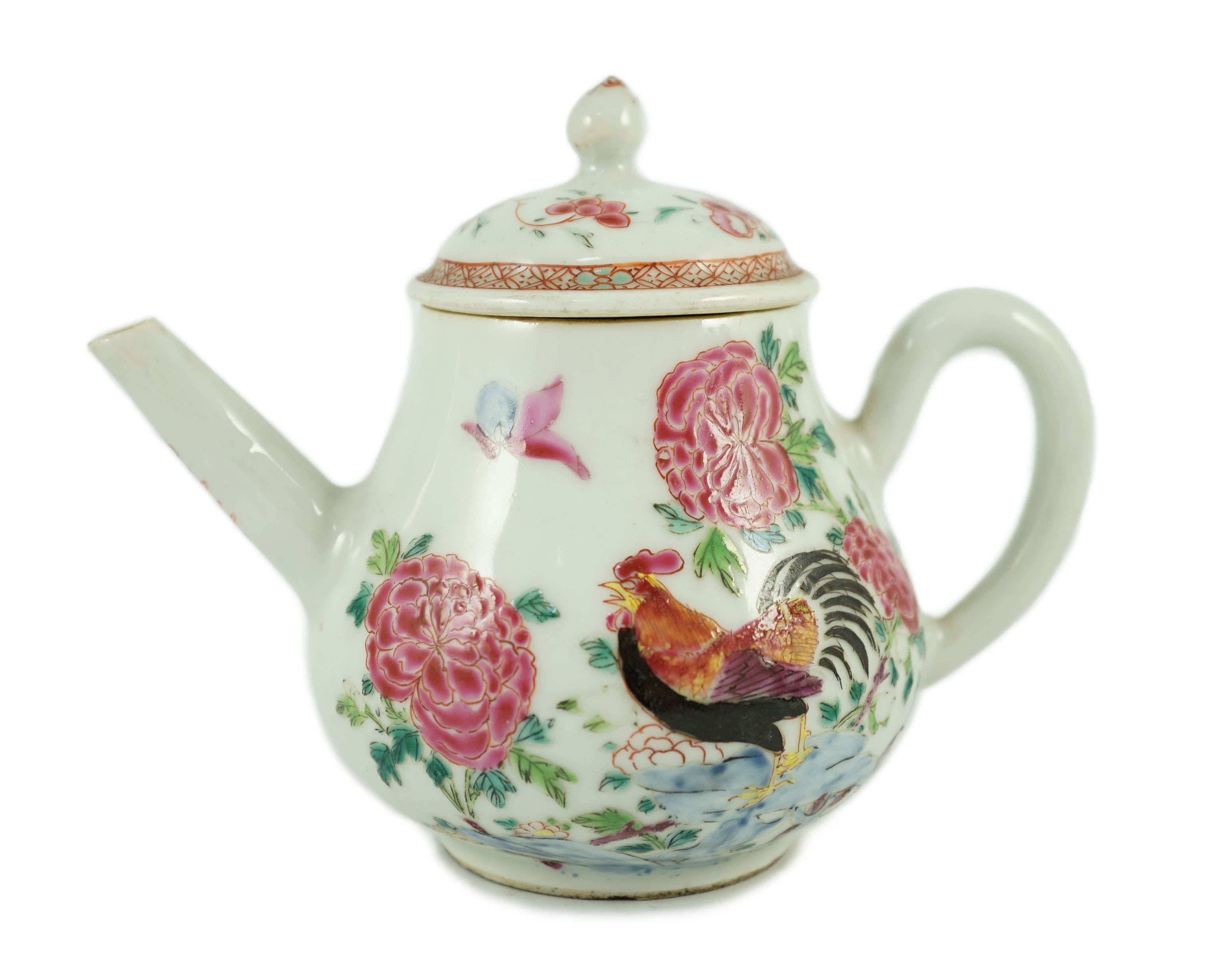 A Chinese famille rose ‘cockerel’ teapot, Yongzheng period, 12 cms high, 11.5cm high